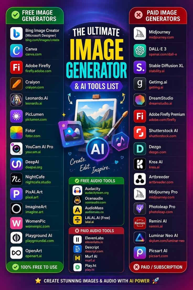 Comparison chart of free and paid AI image generator tools