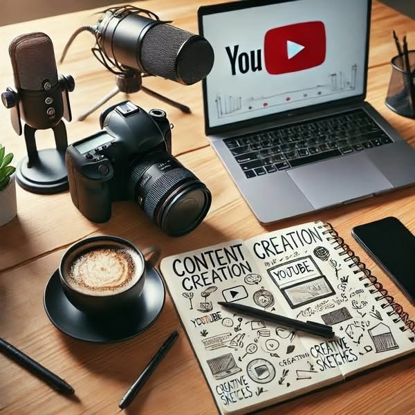Content creator desk setup with camera, microphone, and laptop for recording