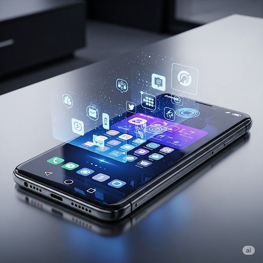 Smartphone home screen with floating app and content icons