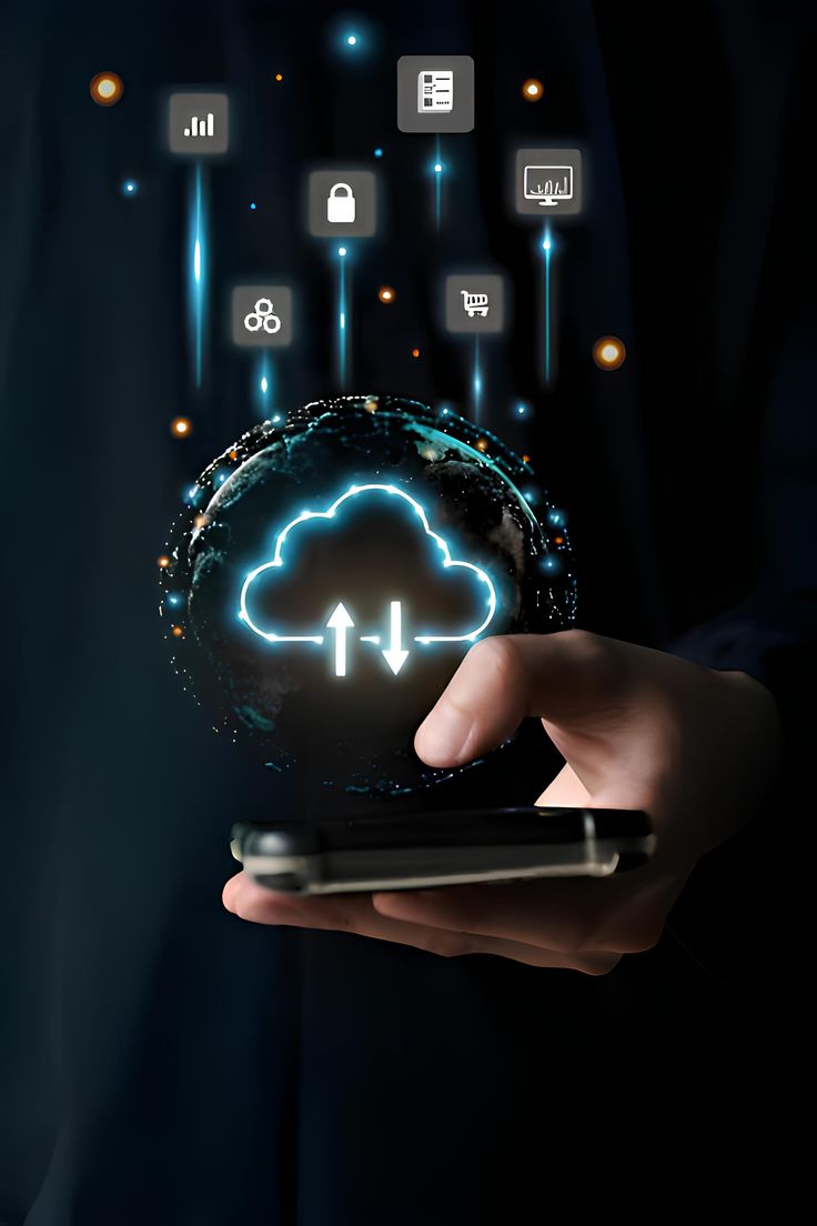 Hand holding a phone with cloud data upload and download icons