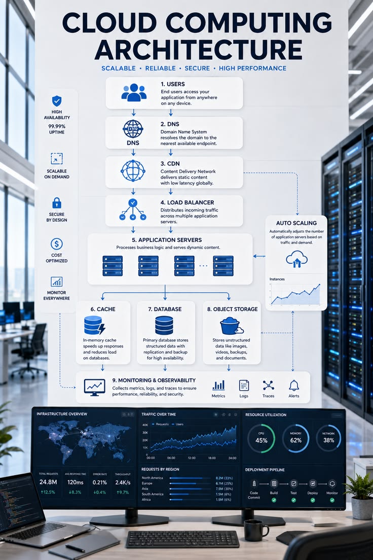 Cloud computing architecture diagram showing servers and data flow