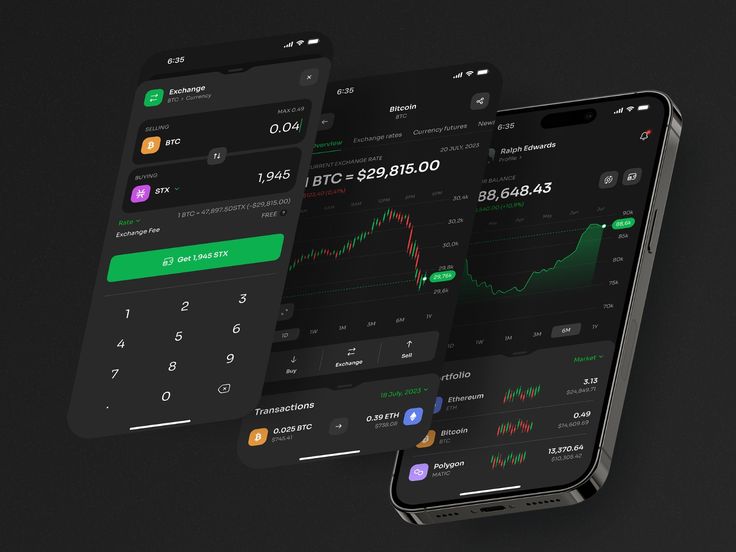 Smartphone screens showing a cryptocurrency wallet and exchange app