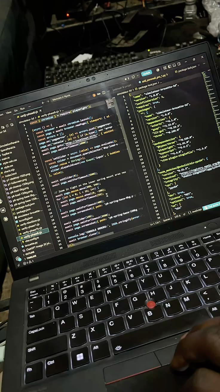 Developer's laptop screen showing code being written and debugged