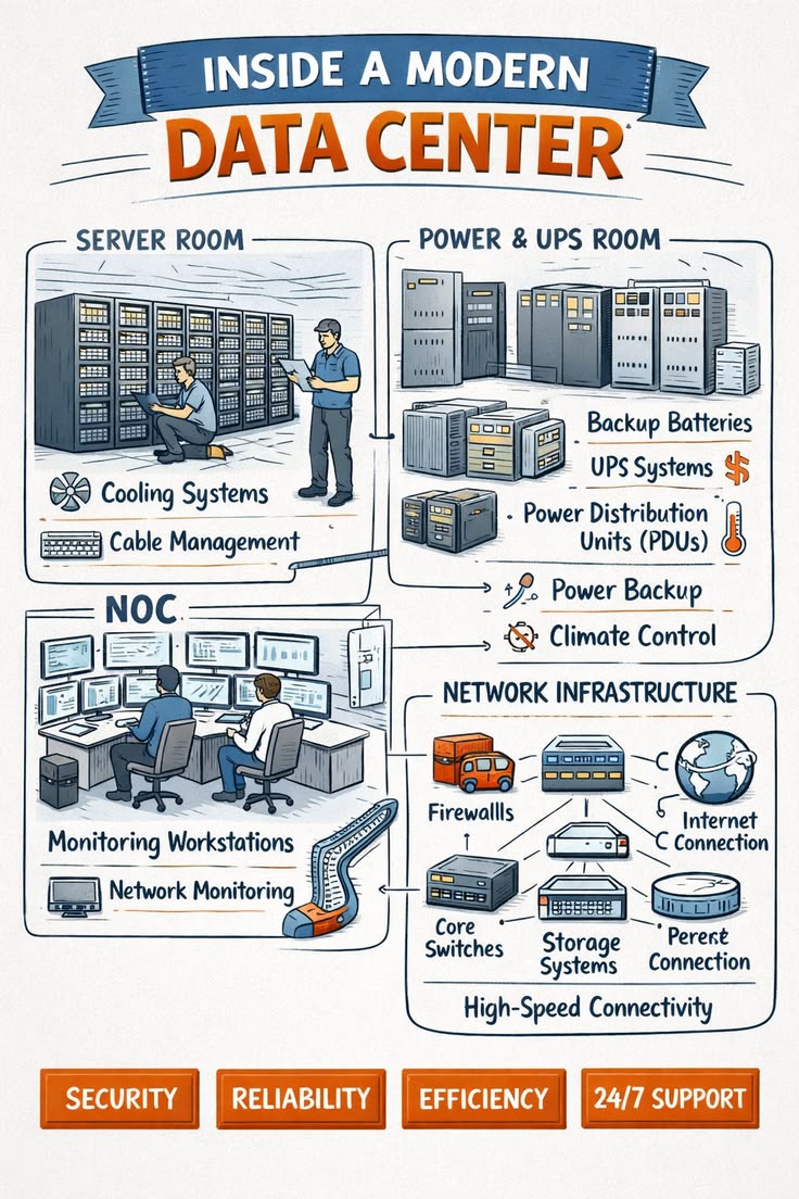 Illustrated diagram of a modern data center's server and network infrastructure