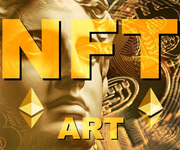 Digital NFT art concept with classical sculpture and cryptocurrency symbols