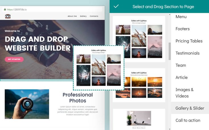 Drag and drop website builder interface for building pages without code