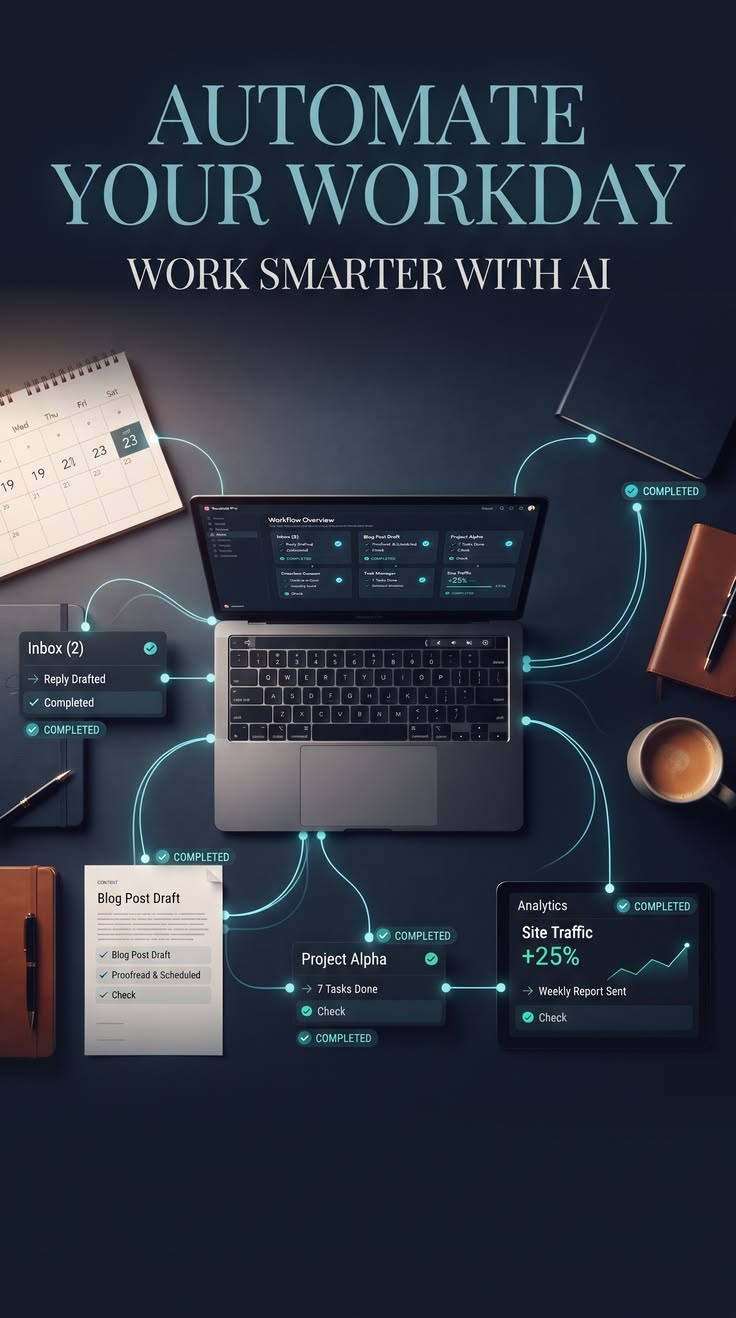 Laptop dashboard showing an automated no-code workflow with completed tasks and connected steps