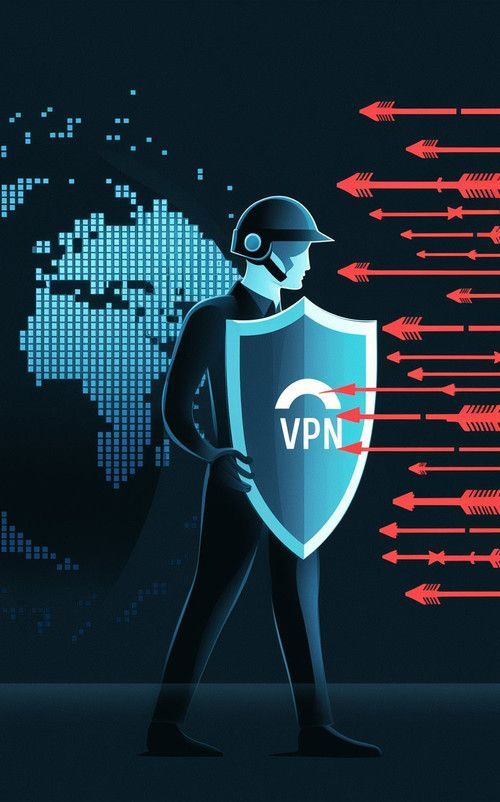 Illustration of a VPN shield defending against incoming cyber threats