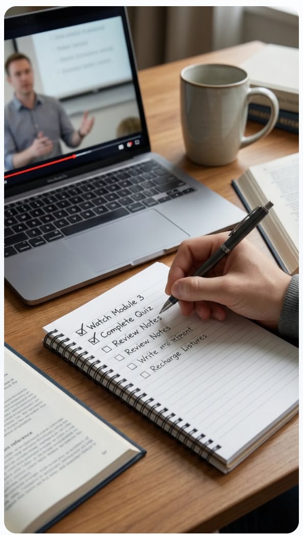 Person taking notes while watching an online coding course on a laptop