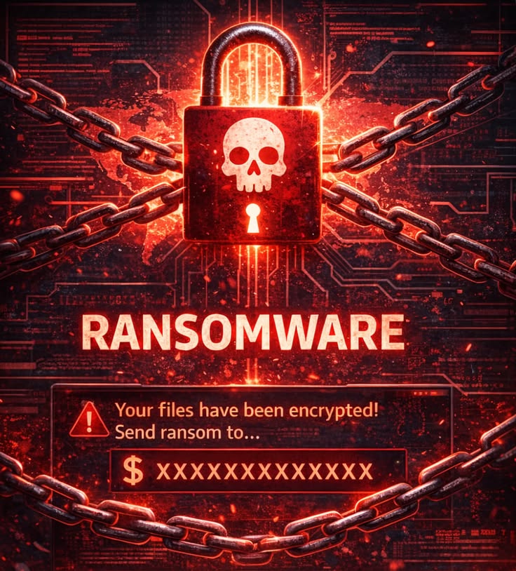 Ransomware warning screen showing encrypted files and a ransom demand