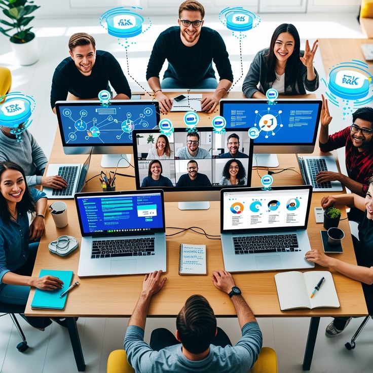 Team of colleagues collaborating remotely over a video call on laptops