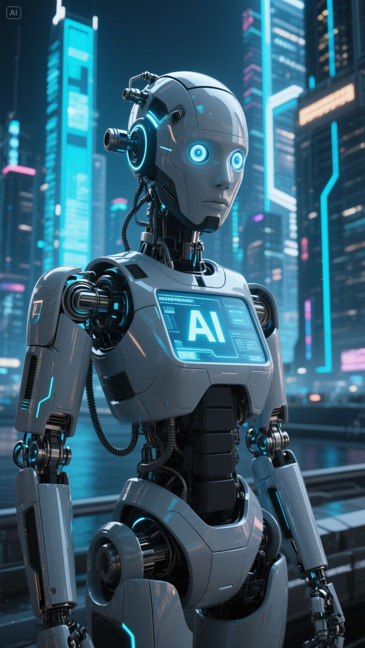 Humanoid AI robot standing in a futuristic city at night