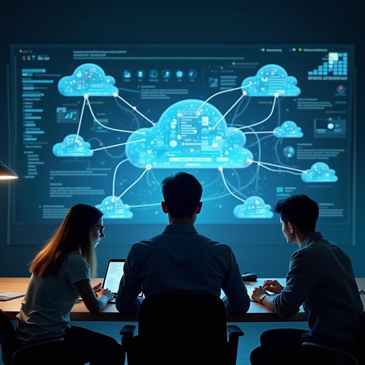 Team viewing a cloud software network diagram on a large screen