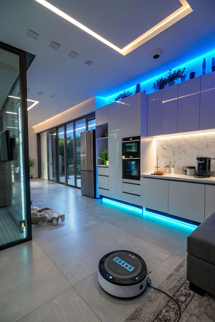 Modern smart home with automated lighting and a robot vacuum