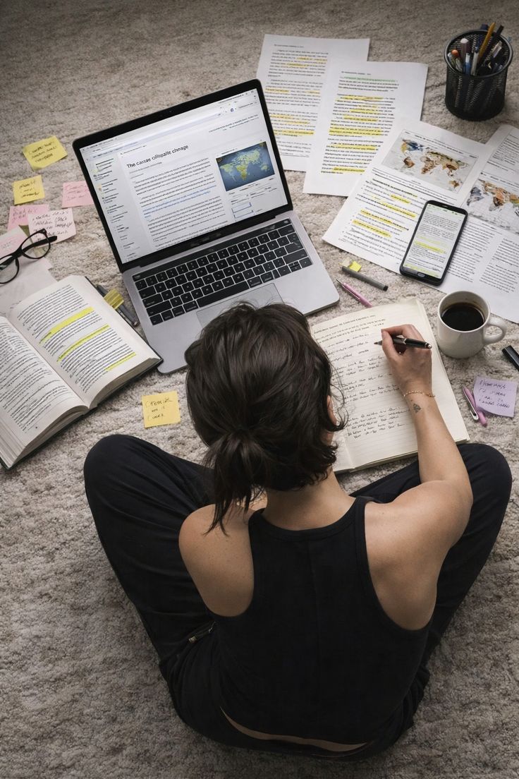 Student surrounded by notes, laptop, and books studying with AI tools