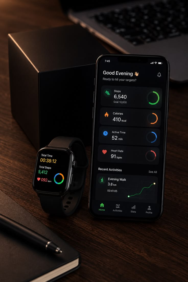 Smartwatch and smartphone displaying fitness tracking data