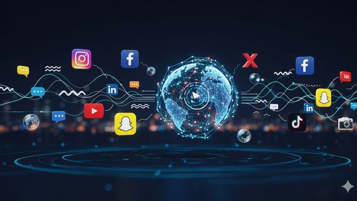 Abstract digital network connecting global social and AI platforms
